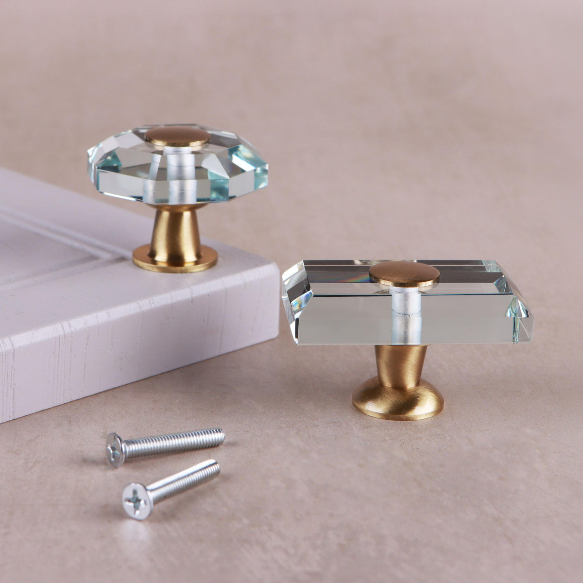 Octagon and rectangle clear glass cabinet knobs with their fixing screws
