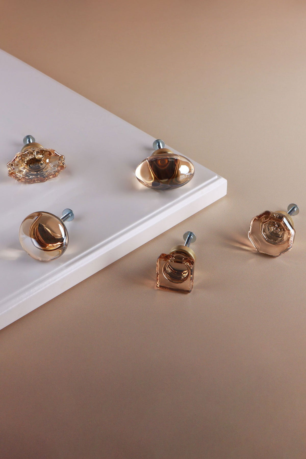 Champagne glass cabinet knobs in oval, fluted, square, octagon and round shapes