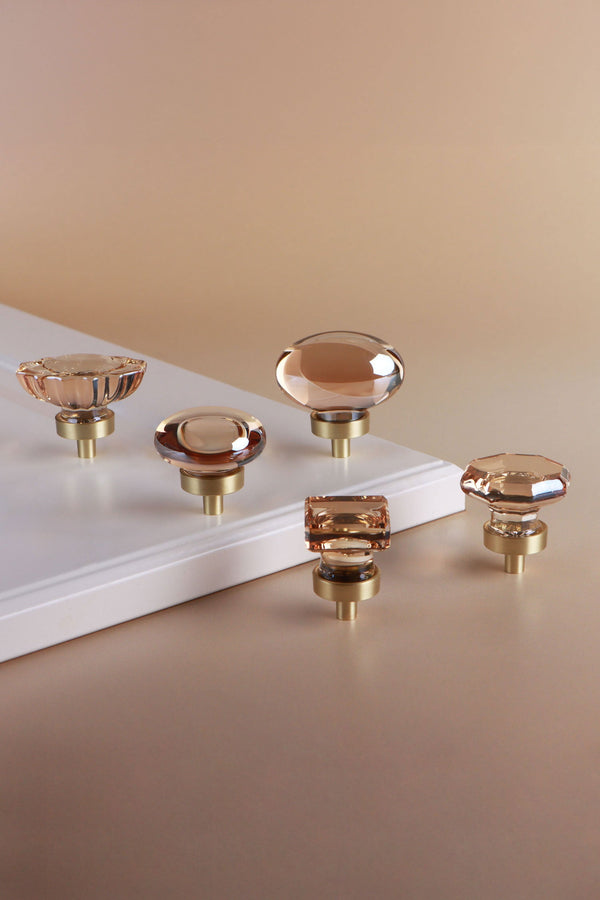 Champagne Crystal Glass Cabinet Knob with Satin Brass Base