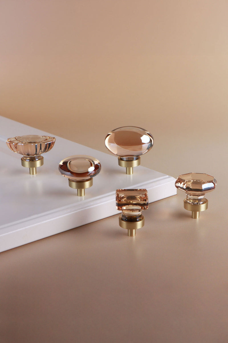 Champagne Crystal Glass Cabinet Knob with Satin Brass Base