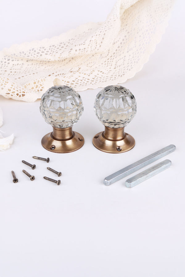 Clear Faceted Glass Mortice Door Knobs with Antique Brass Roses