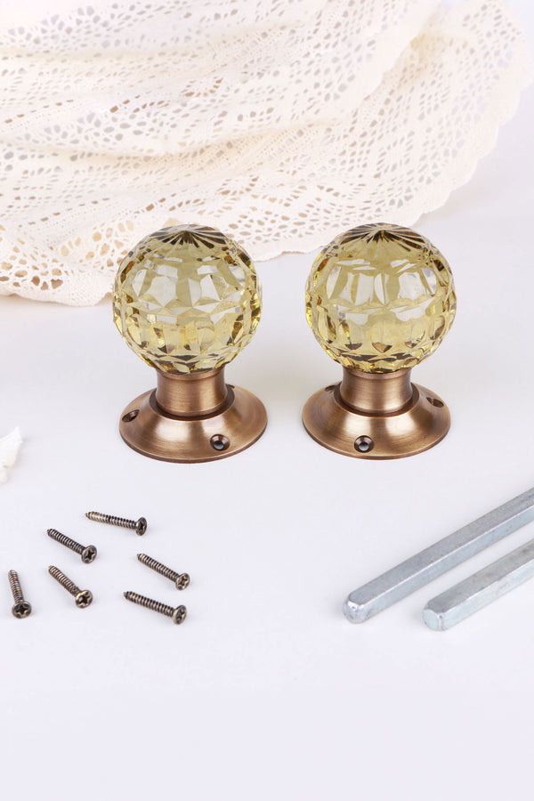 Ivory Faceted Glass Mortice Door Knobs with Antique Brass Roses