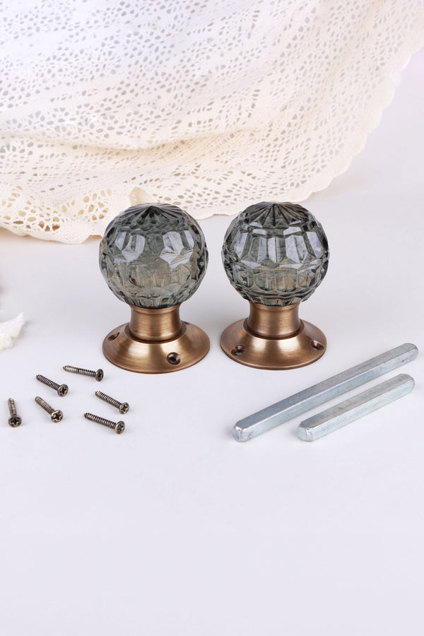Smokey Grey Faceted Glass Mortice Door Knobs with Antique Brass Roses