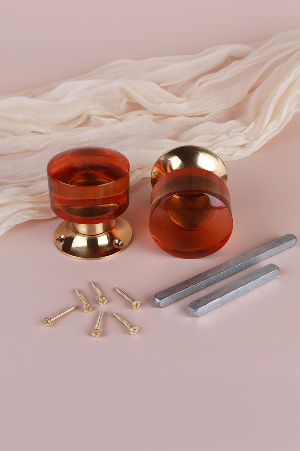 Amber Cylinder Glass Mortice Door Knobs with Polished Brass Roses