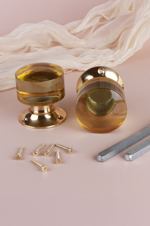 Ivory Cylinder Glass Mortice Door Knobs with Polished Brass Roses