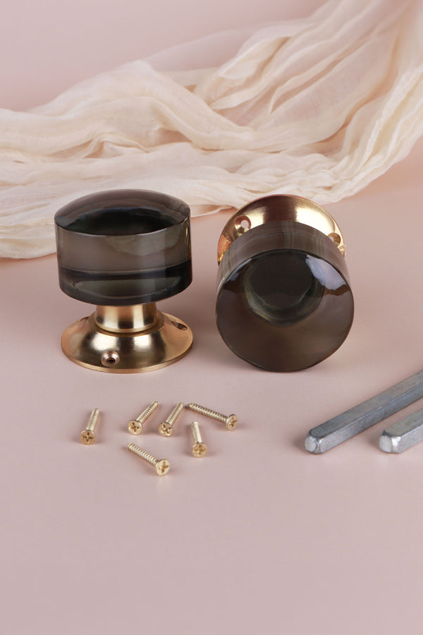 Smokey Grey Cylinder Glass Mortice Door Knobs with Polished Brass Roses
