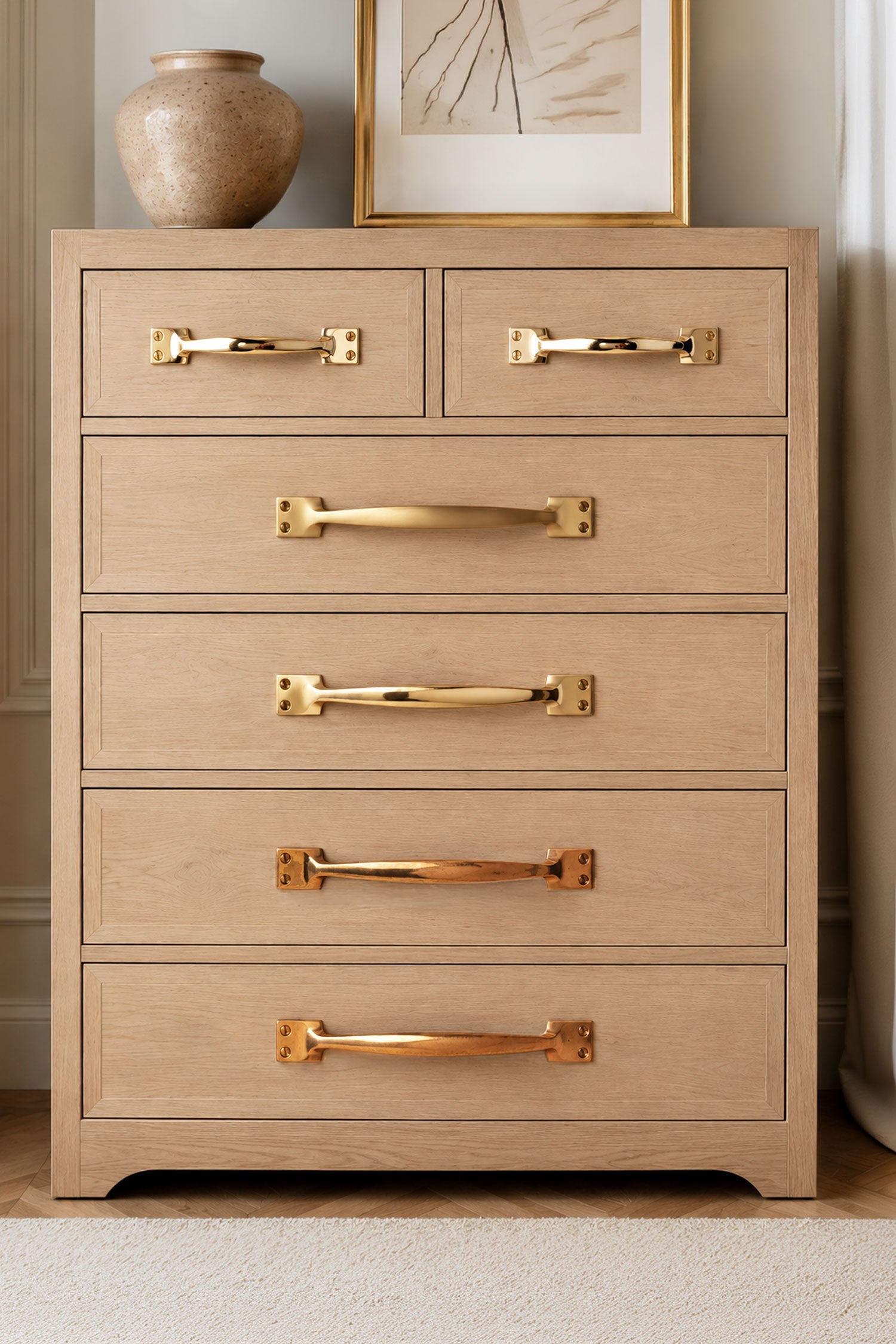 Brass cupboard pull handles in a room setting