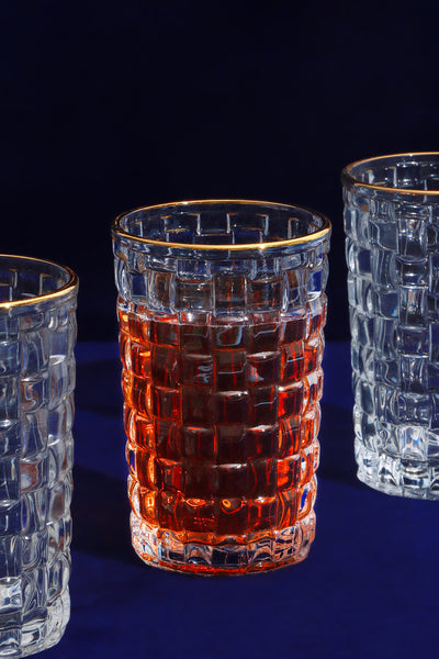Set Of 4 Dante Vintage Textured Gold Rim Highball Drinking Glasses