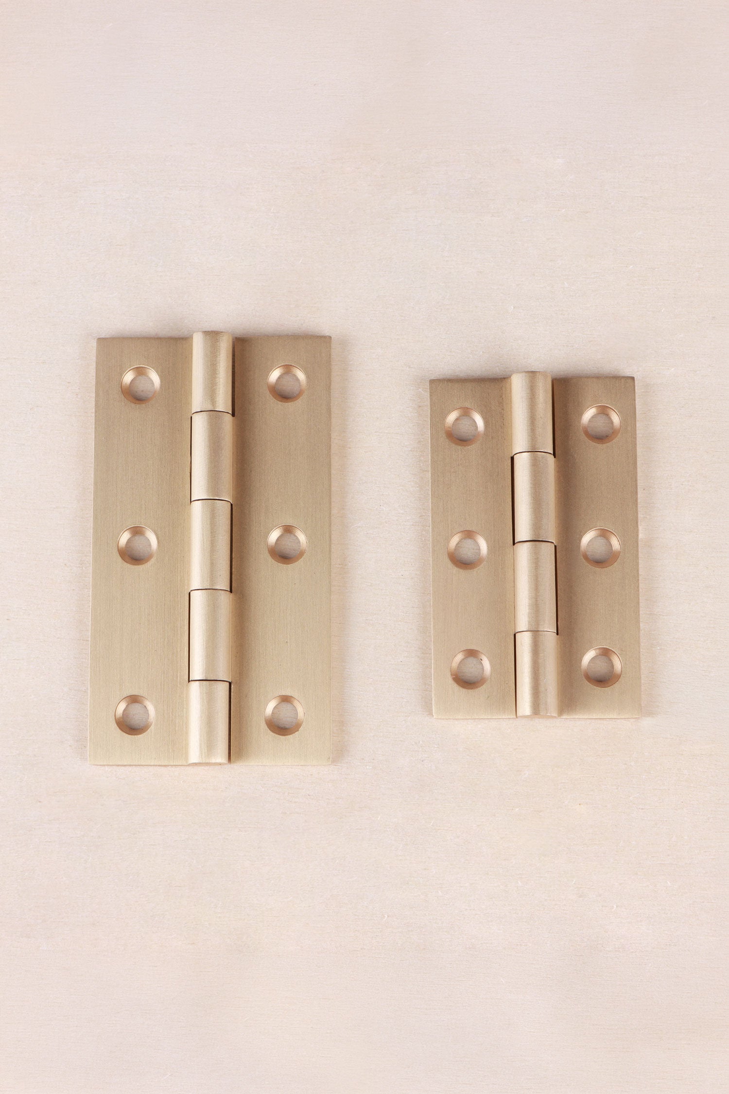 Satin brass cupboard butt hinge detail, solid brass screws supplied