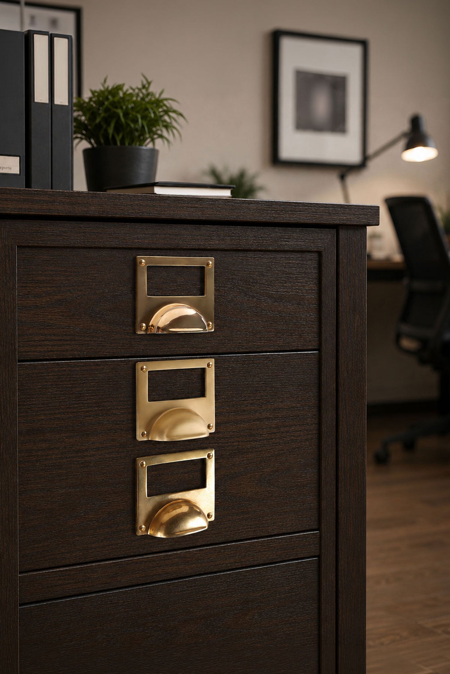 Card frame cup pulls shown in polished, aged and satin brass