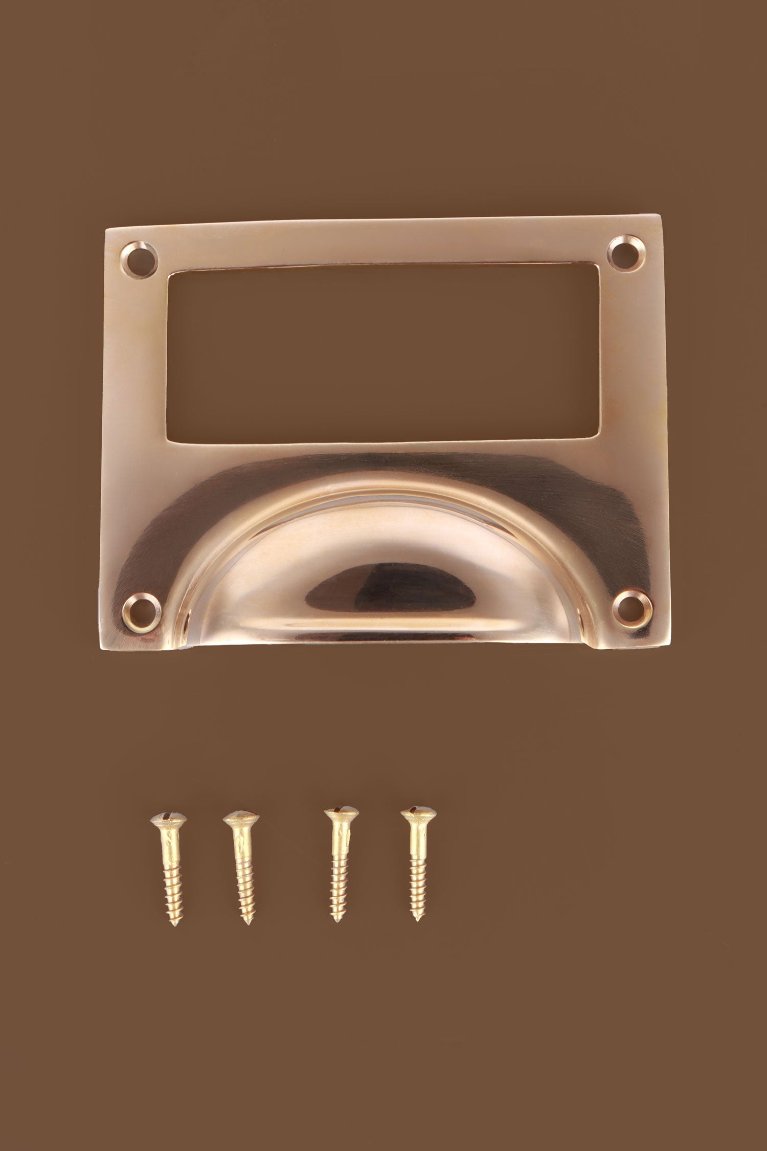 Card frame cup pull in polished brass, with a label window above the cup