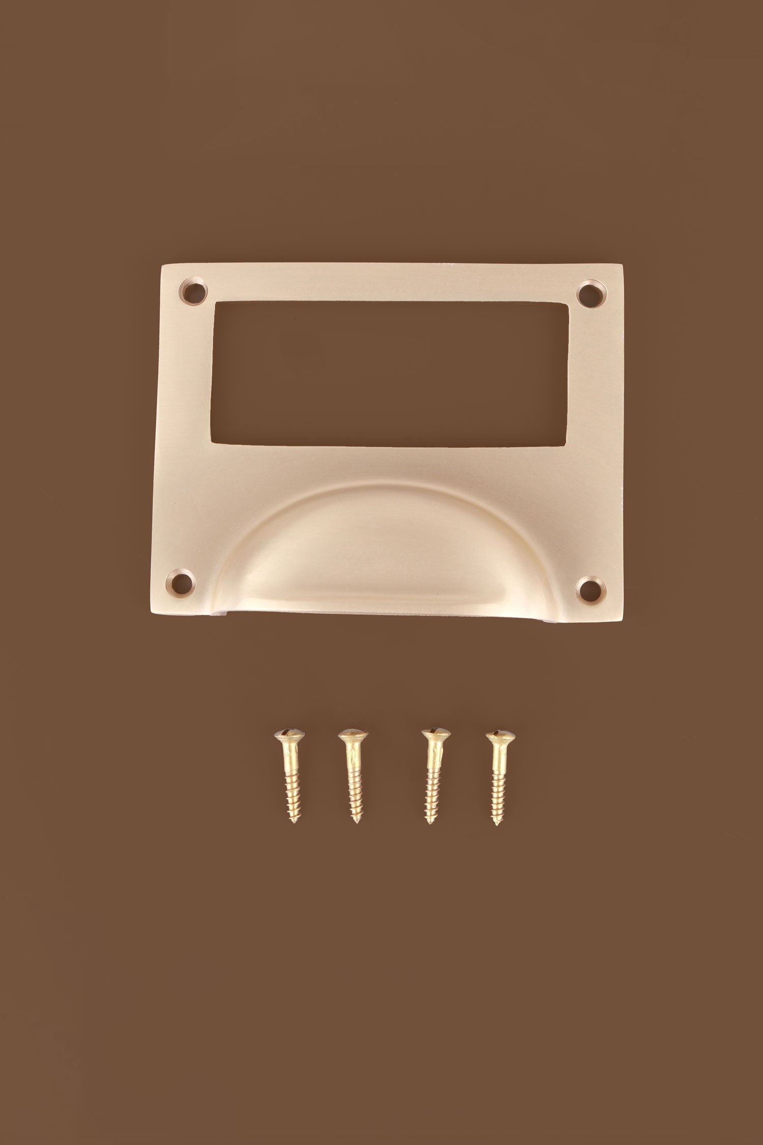 Card frame cup pull in satin brass, with a label window above the cup