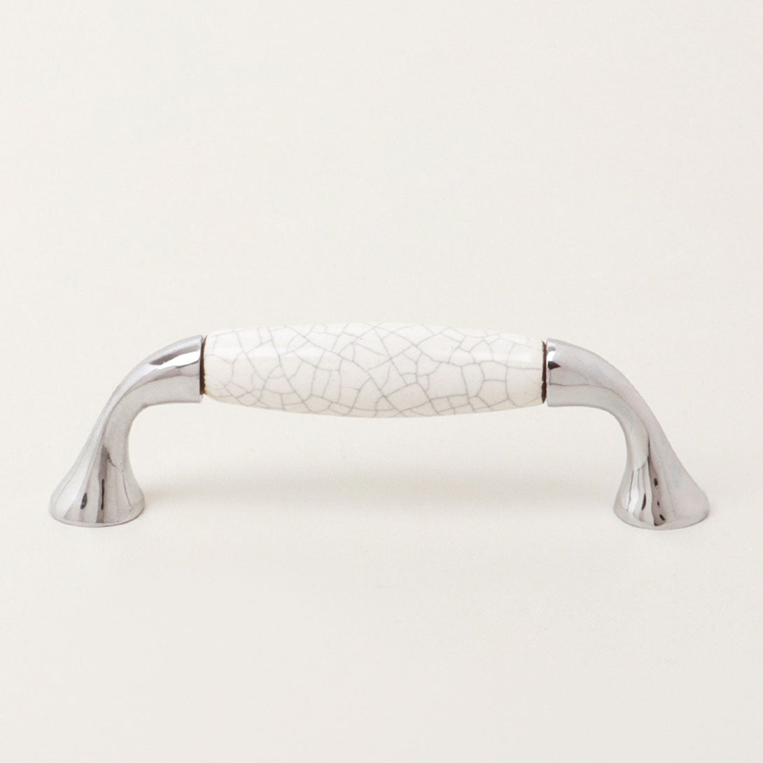 Quiet Living Selection Hand-Painted Crackle Ceramic Pull Handle in White & Soft Grey with Chrome Mounts