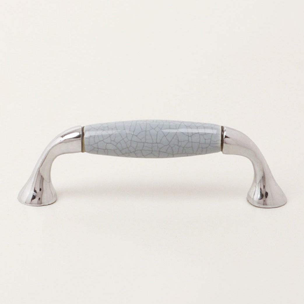 Quiet Living Selection Hand-Painted Crackle Ceramic Pull Handle in White & Soft Grey with Chrome Mounts