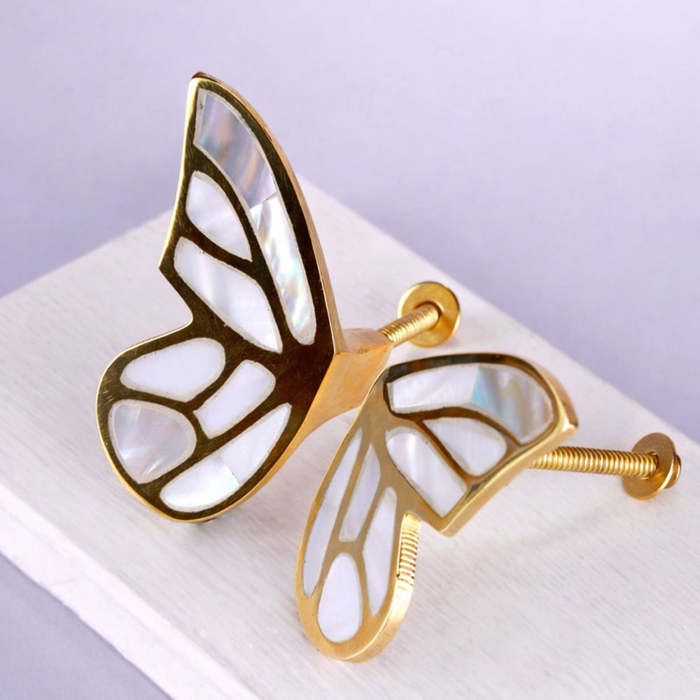 Set of 2 Papillon Royale Handcrafted Brass & Mother of Pearl Butterfly Wing Handles