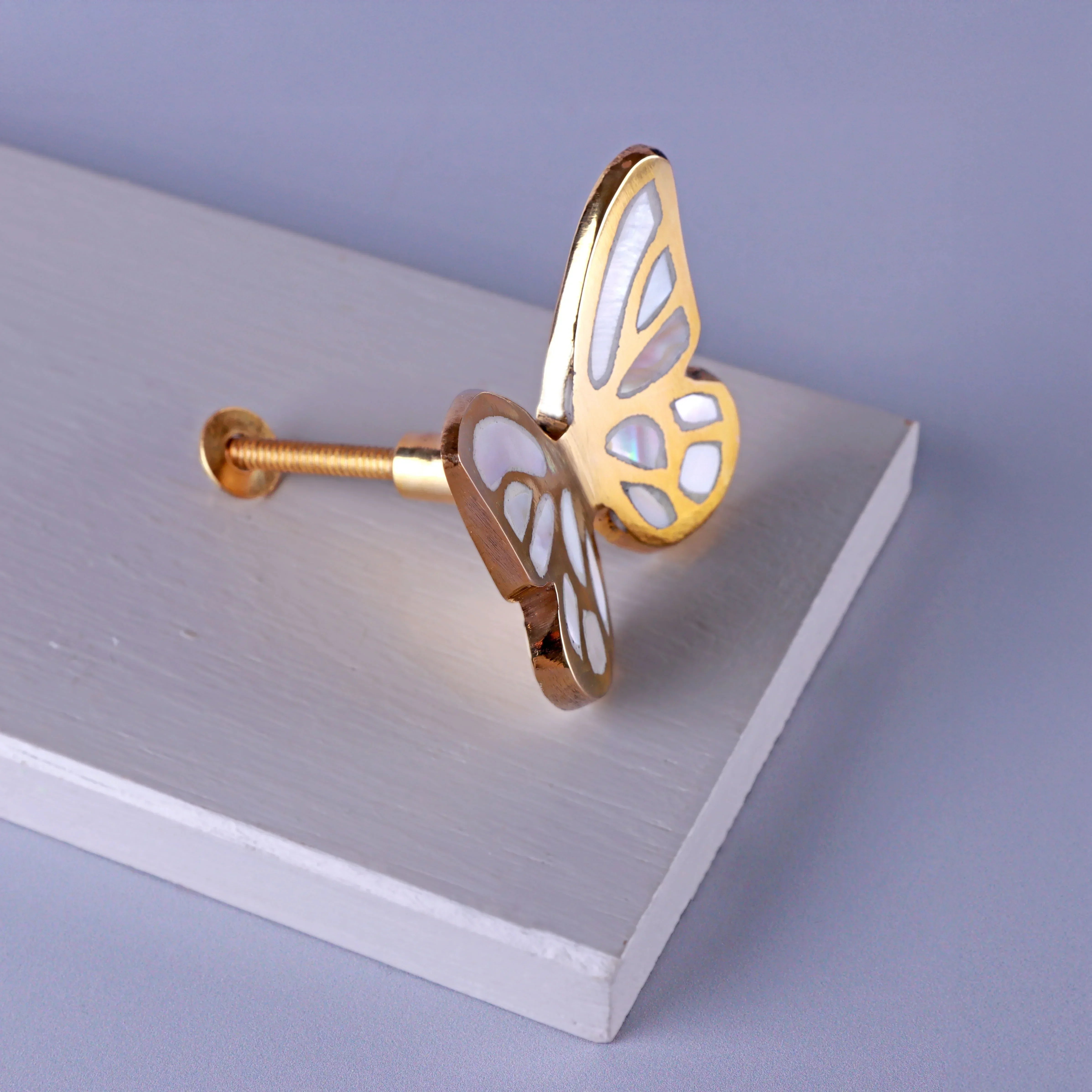 Papillon Royale Brass and Mother of Pearl Butterfly Cabinet Knob — close-up view, G Decor