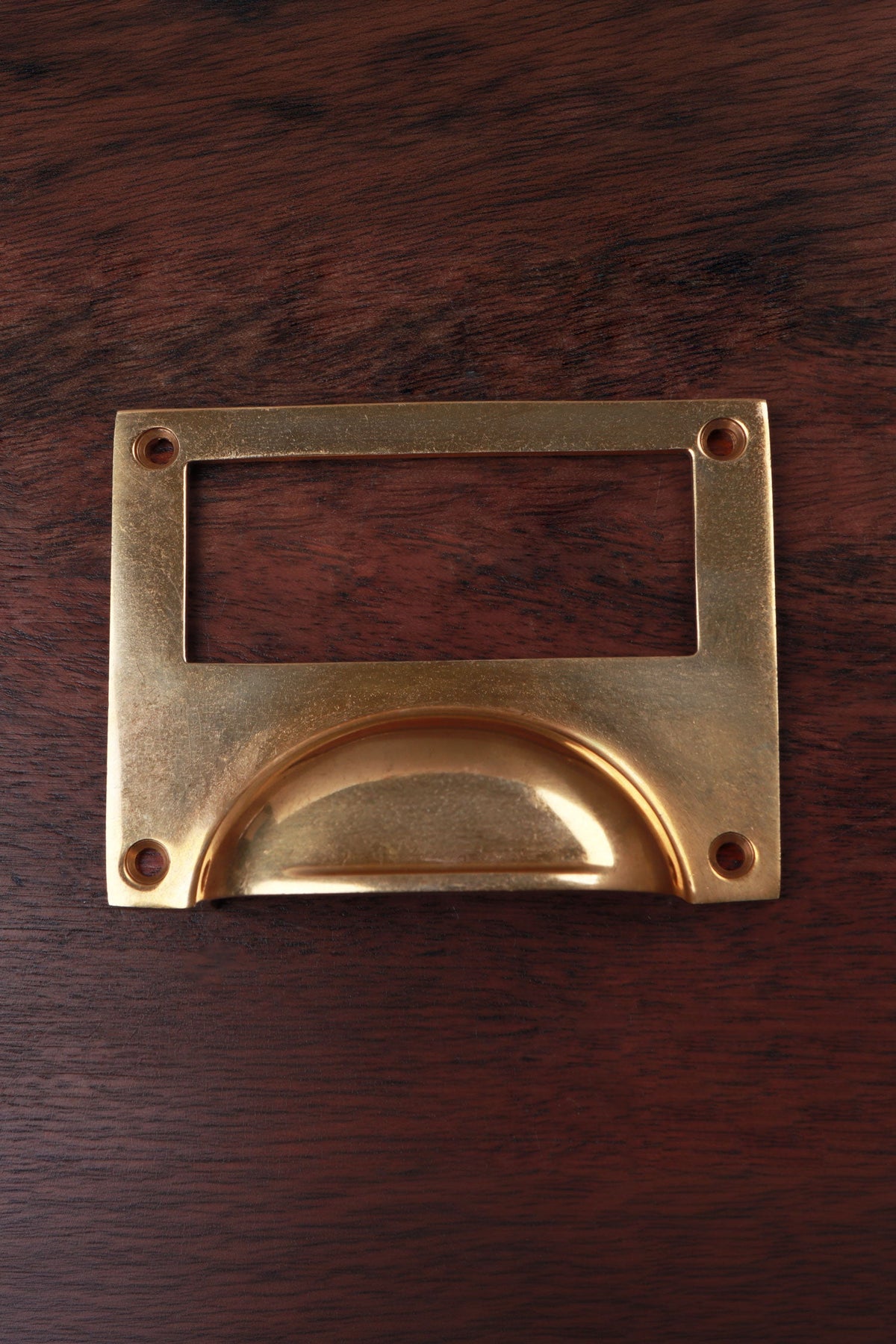Card frame aged brass cup pull, 4 inch, with a window for a written label