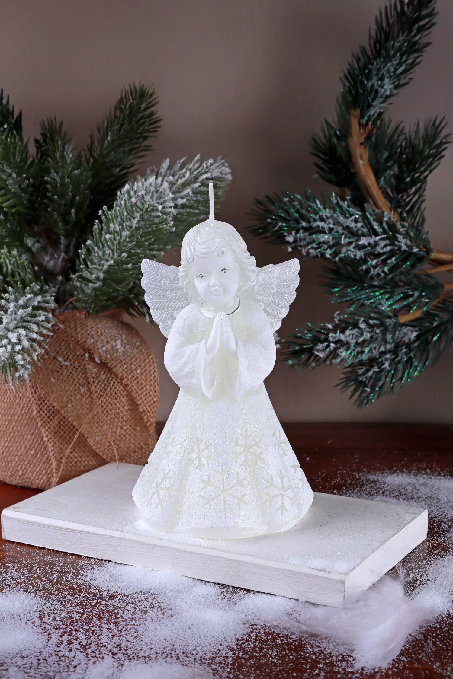 White Angel Hand-Finished Wax Candle with Snowflake Dress — view 5, G Decor