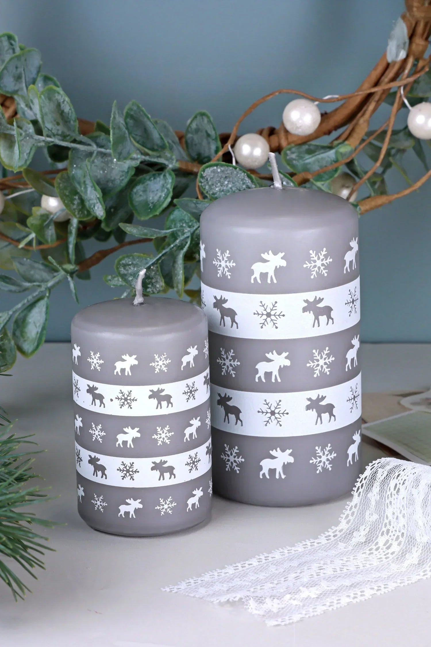 Nordhavn Grey Reindeer Pillar Candle — G Decor