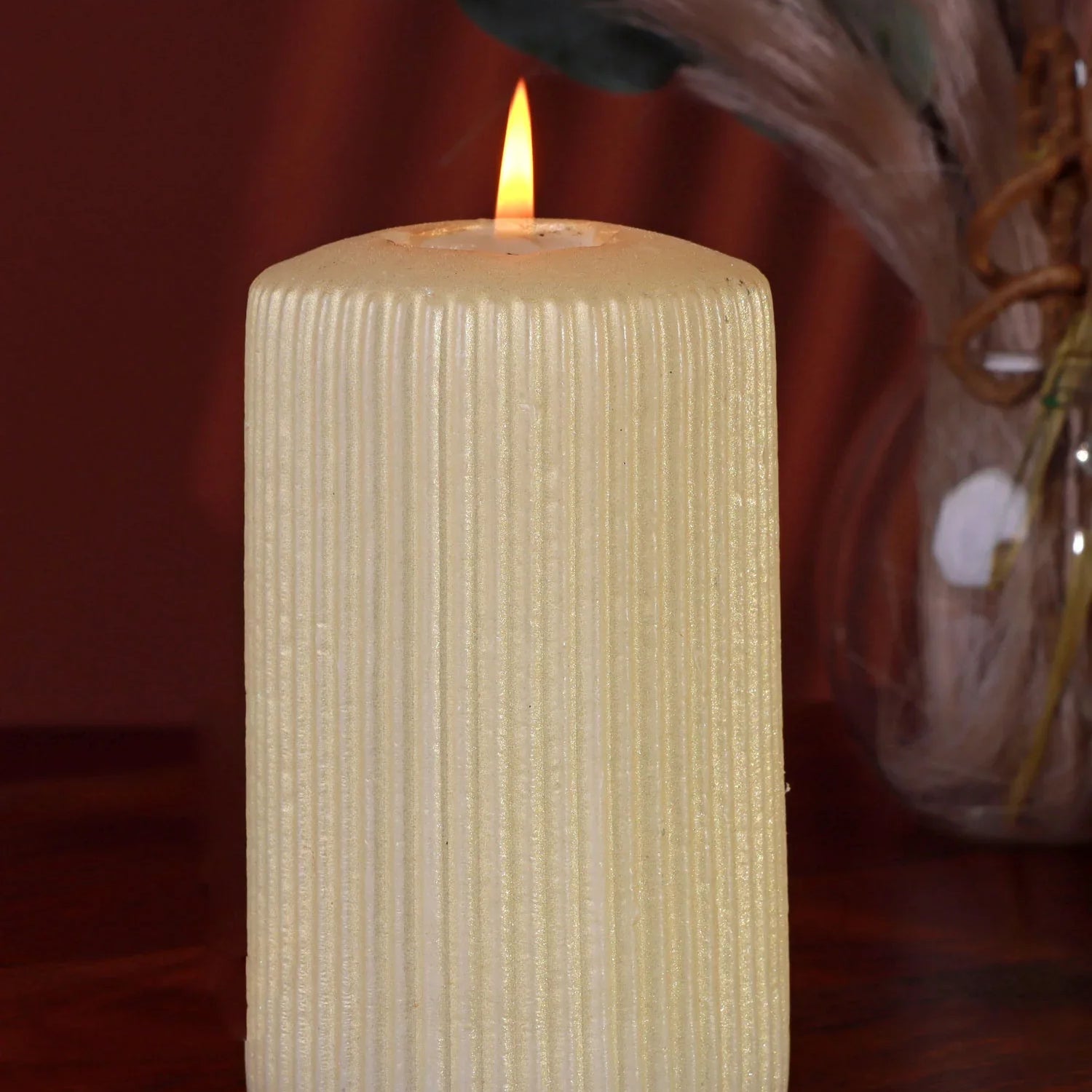Vellure Sandstone Yellow Ribbed Pillar Candle Warm Accent Stylish Modern Spaces Statement