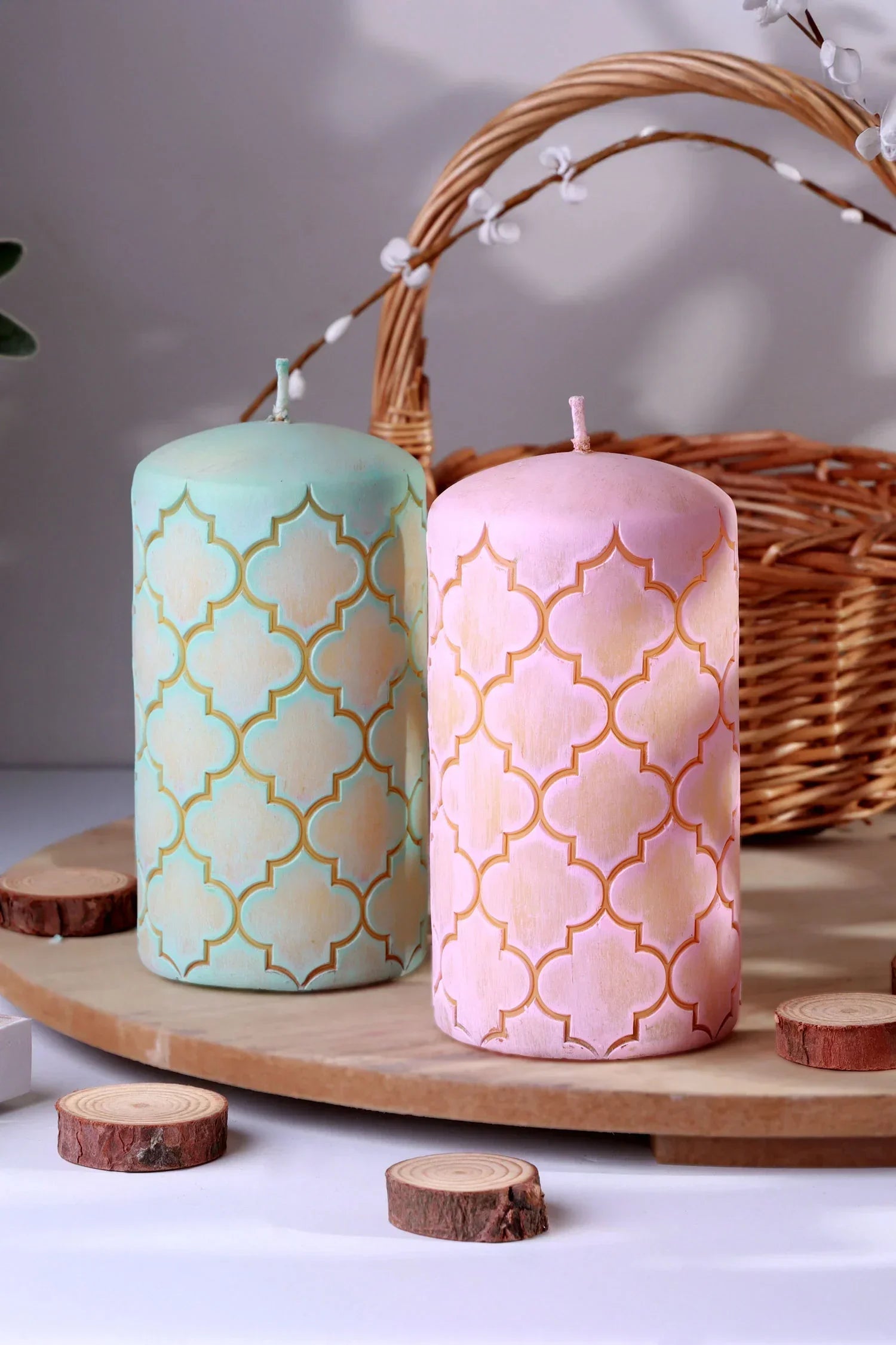 Moroccan Kanz Pressed Brass Lattice Pillar Candle in Blush Pink or Mint Green — G Decor