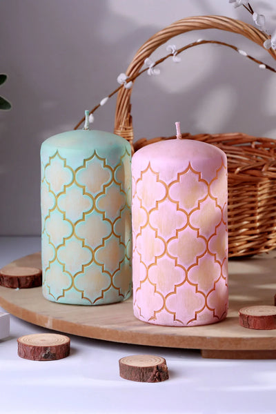Moroccan Kanz Brass Lattice Pillar Candle — Blush Pink or Mint