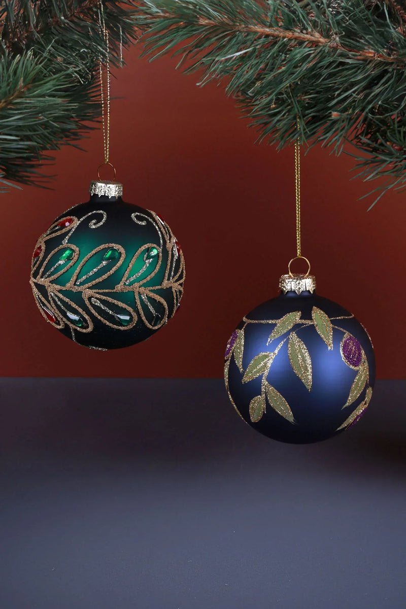 Boule en verre peinte à la main, motif bijou en filigrane — Vert ou Bleu profond