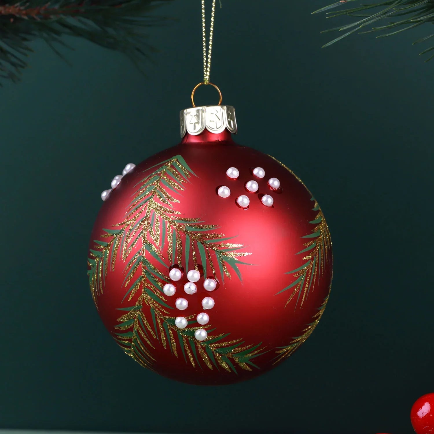 Hand-Painted Glass Pine Branch & Pearl Berry Red Christmas Bauble Hanging Decoration