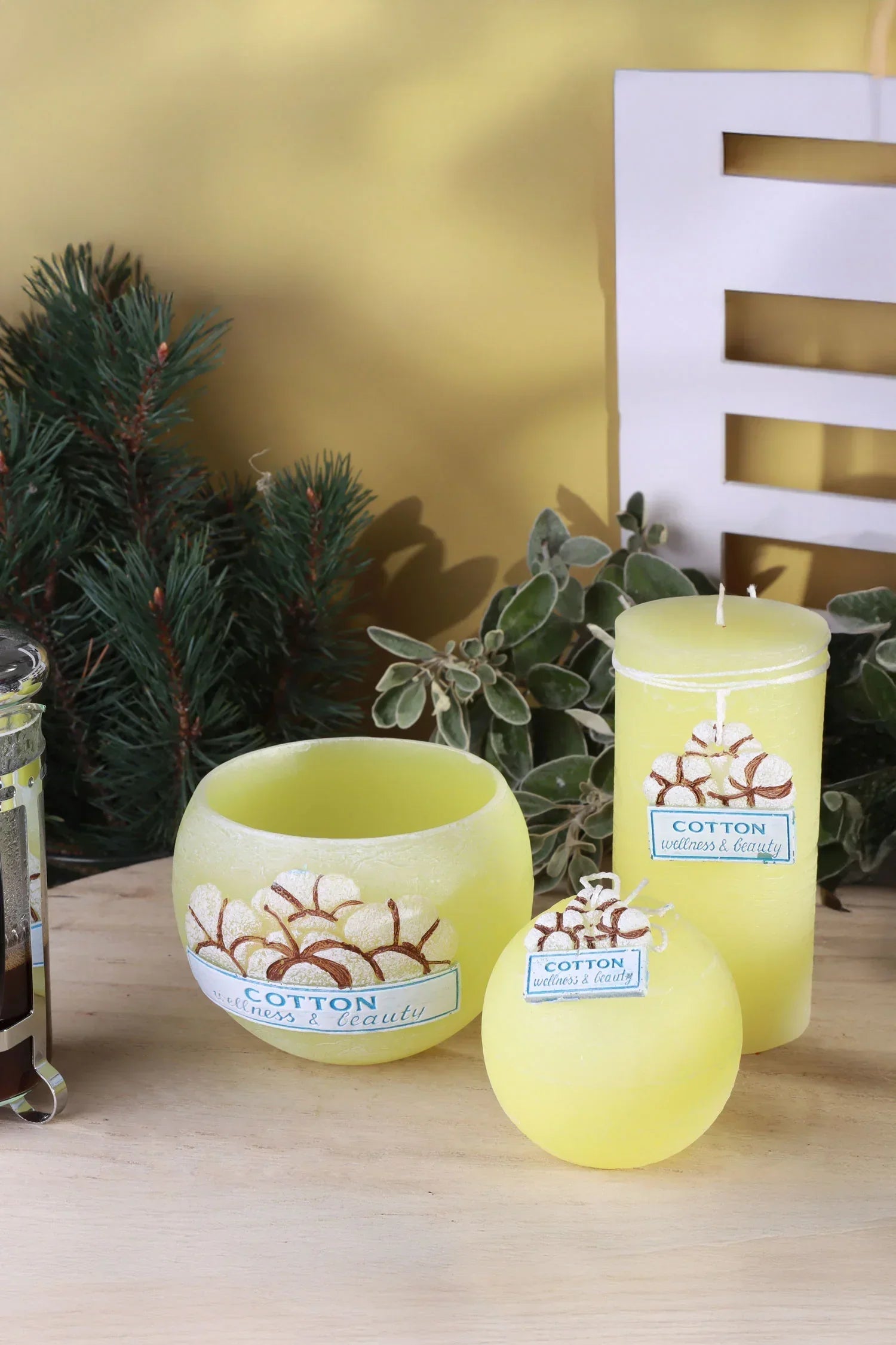 Cotton Wellness Scented Candle Collection in Pillar Ball and Lantern — close-up view, G Decor