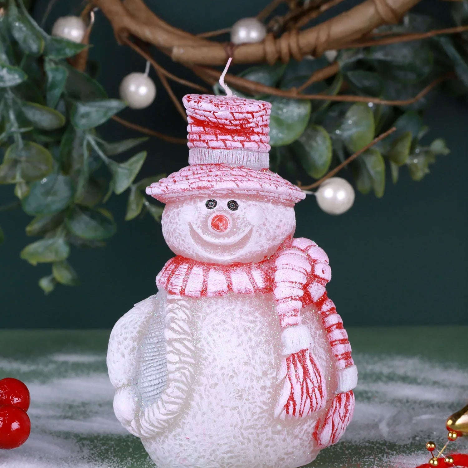 Happy Snowman Christmas Candle Red Hat and Scarf Festive Ornament
