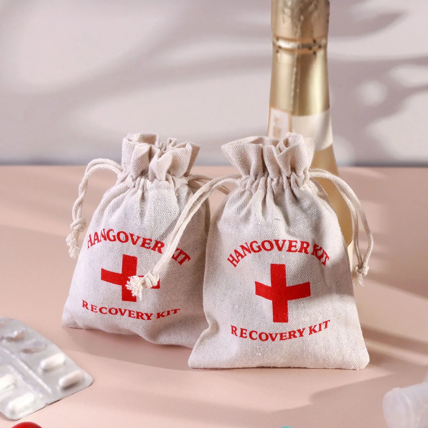 Set of 2 Hangover Kit Bags Linen Party Recovery Pouches with Red Cross Design