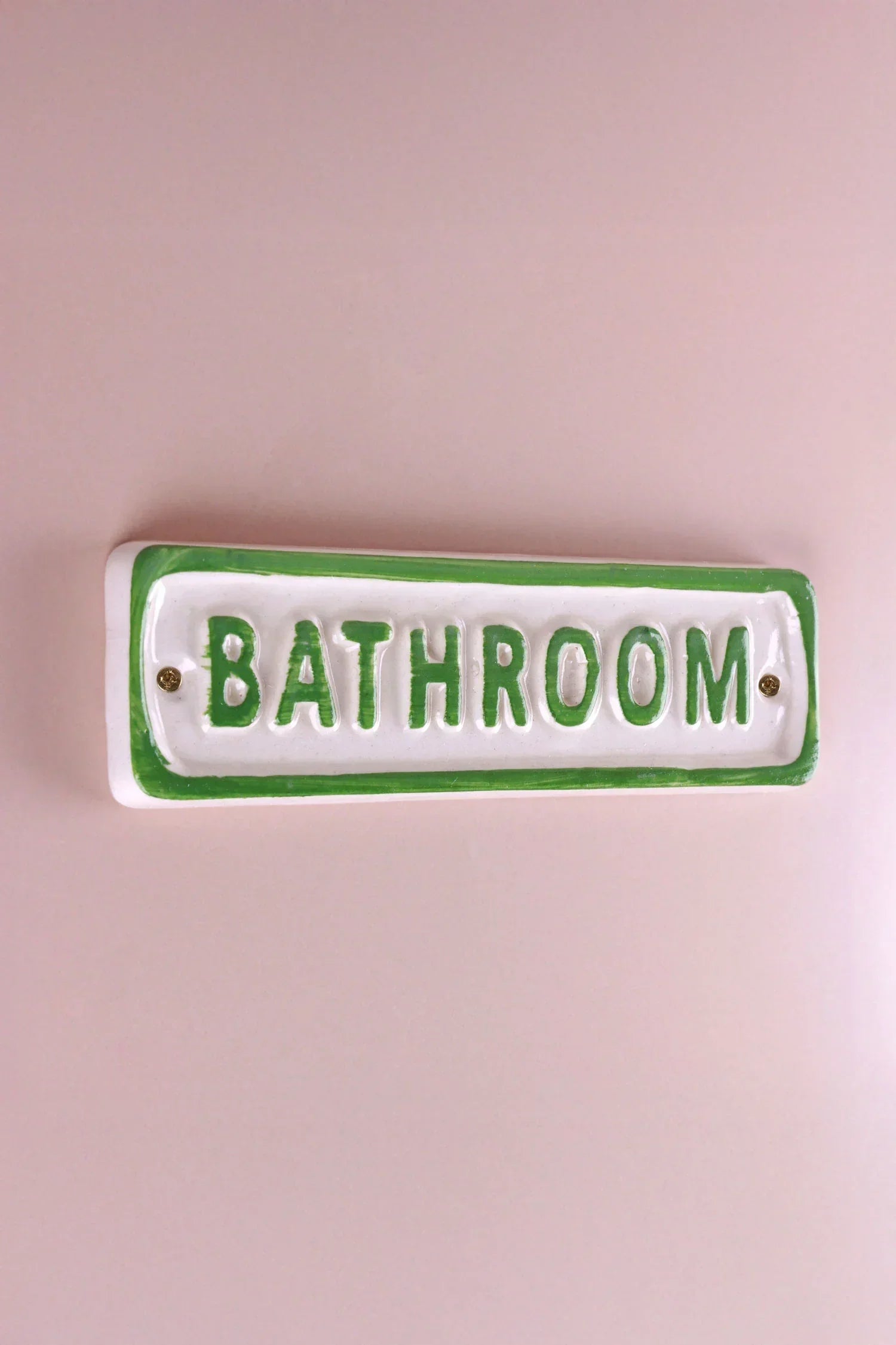 Rustic Ceramic Bathroom Door Plaque with Green Cottage Border — close-up view, G Decor