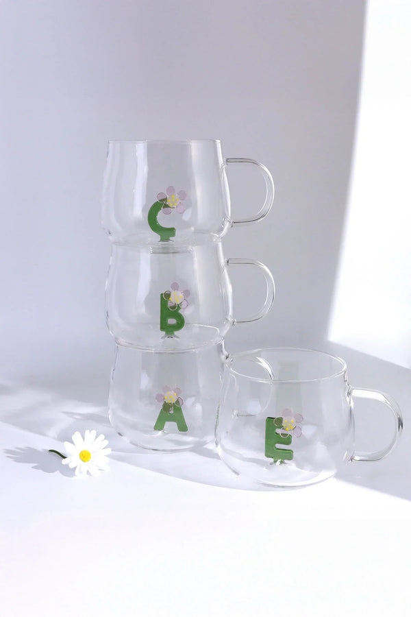 Personalised Monogram Glass Mug with 3D Floral Letter A to Z