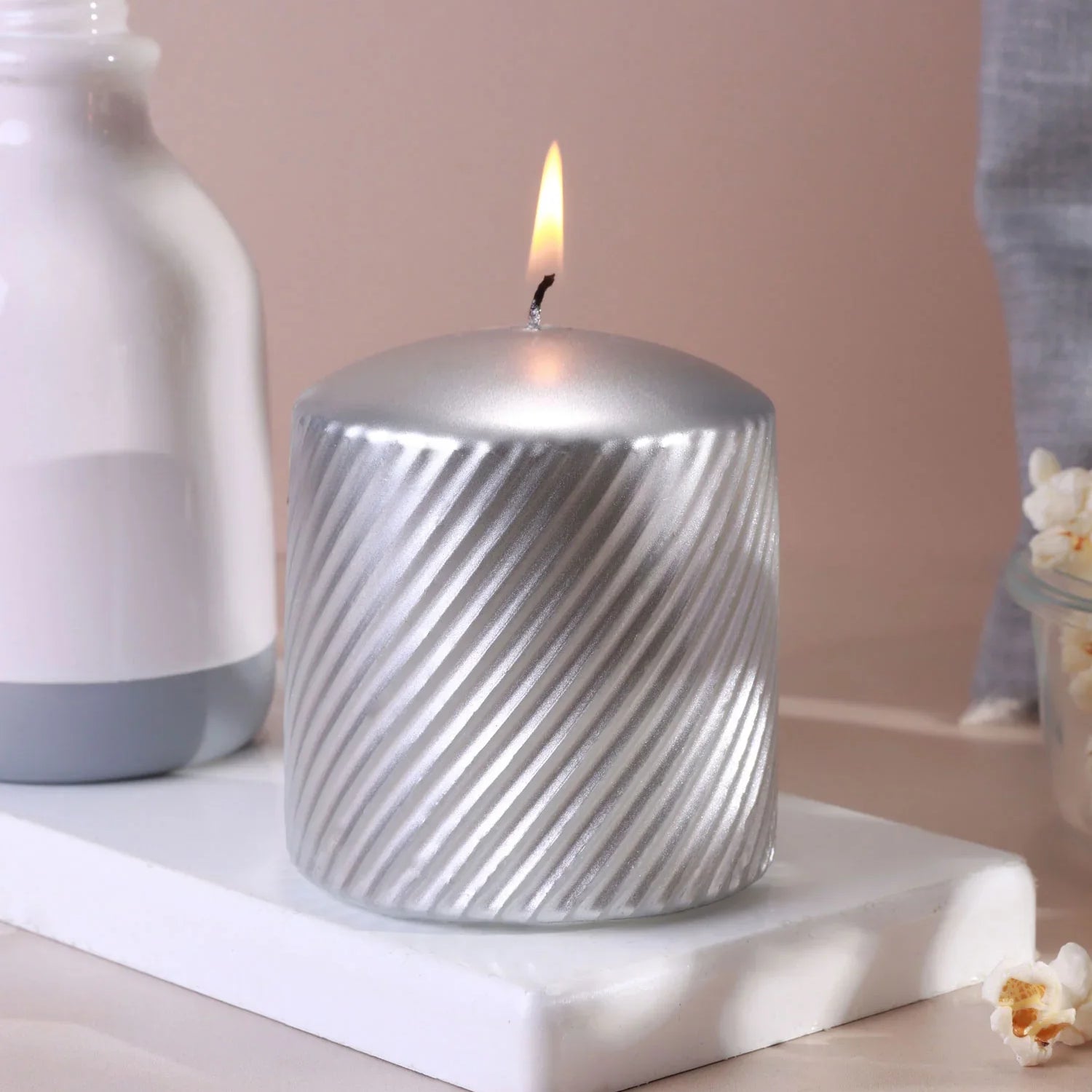Opulent Silver Swirl Pillar Candle Decorative Statement of Modern Simplicity & Minimalist Style