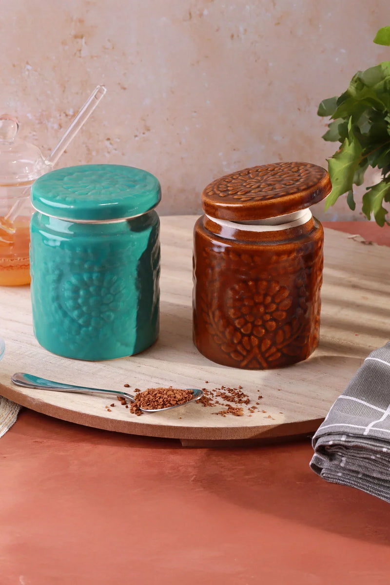Bocaux de rangement en céramique faits main Embossed Bloom avec couvercles fleuris