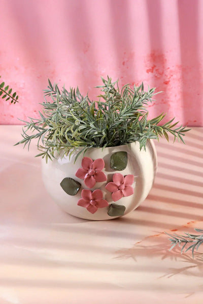 Floral Line Handcrafted Ceramic Planter with 3D Pink Flowers
