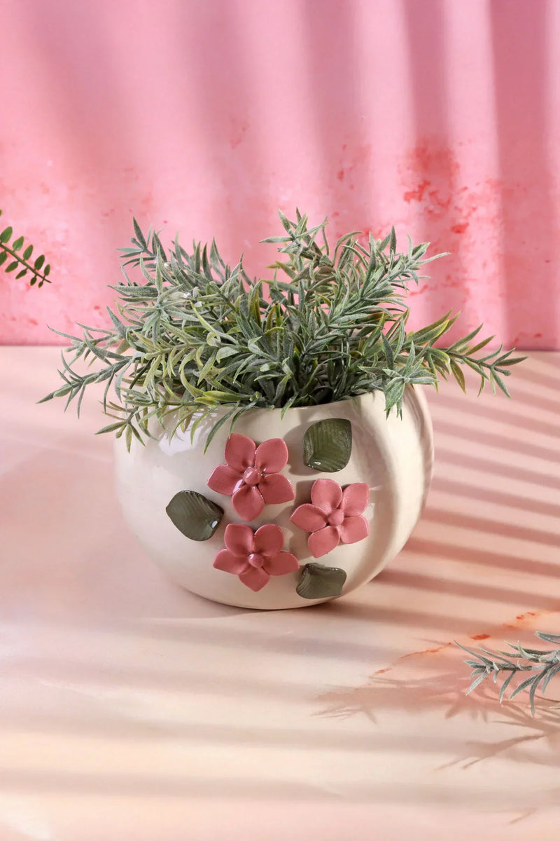 Pot de fleurs en céramique fait main motif floral avec fleurs roses en 3D