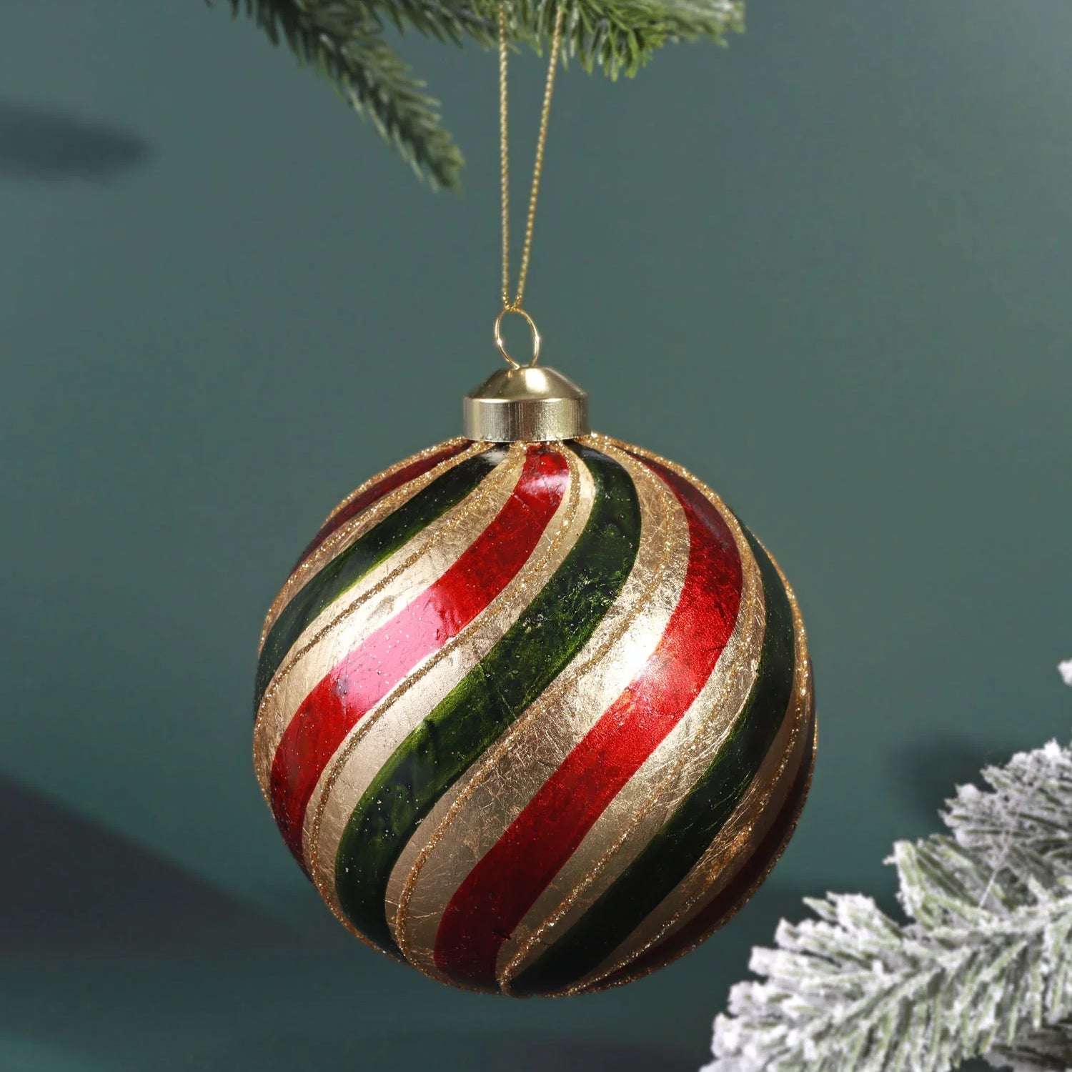 Hand-Painted Glass Large Traditional Twist Red, Green & Gold Hanging Tree Ornament