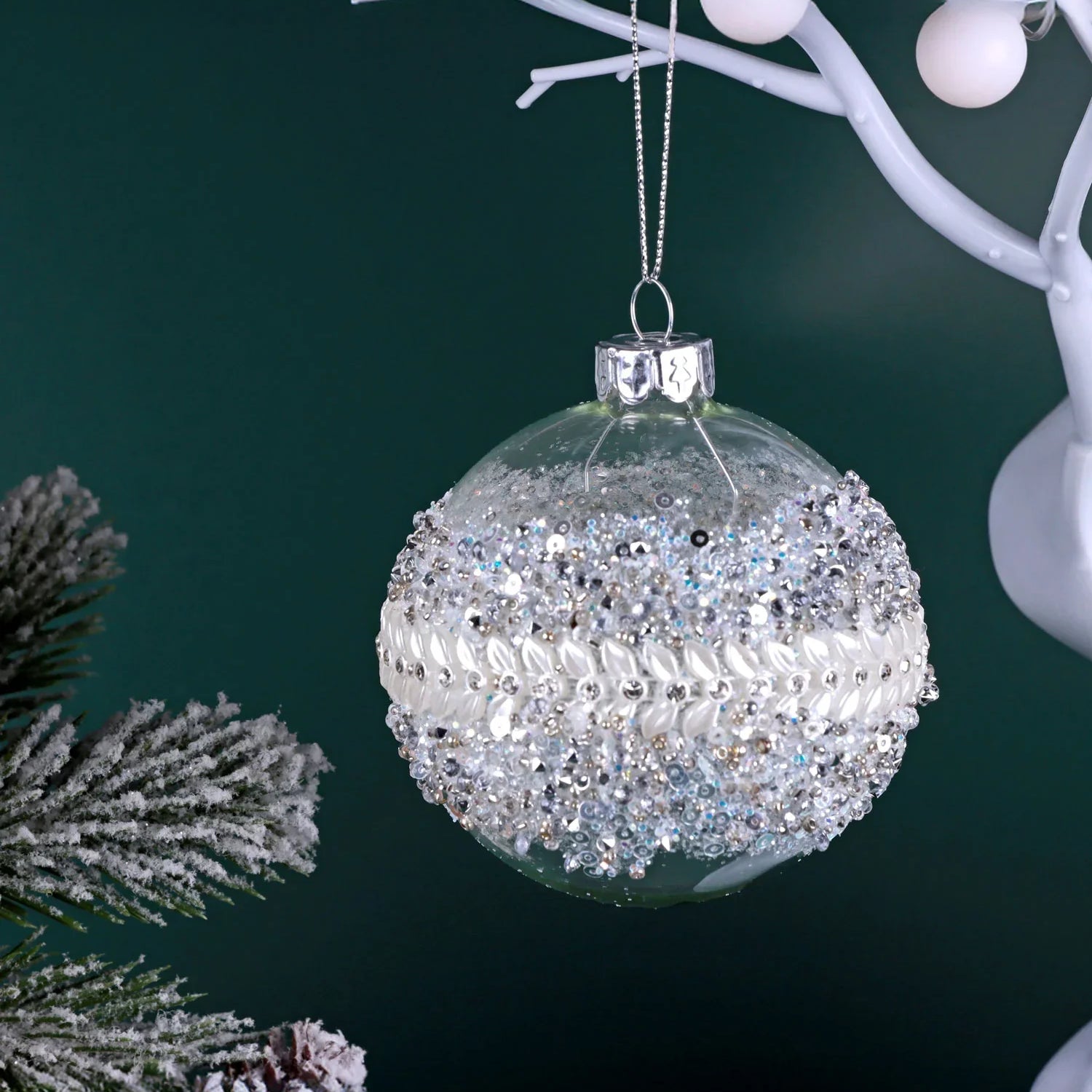 Ice Clear Glass Pearl Bauble Hand-Embellished with White & Silver Beads and Crystal Christmas Decoration