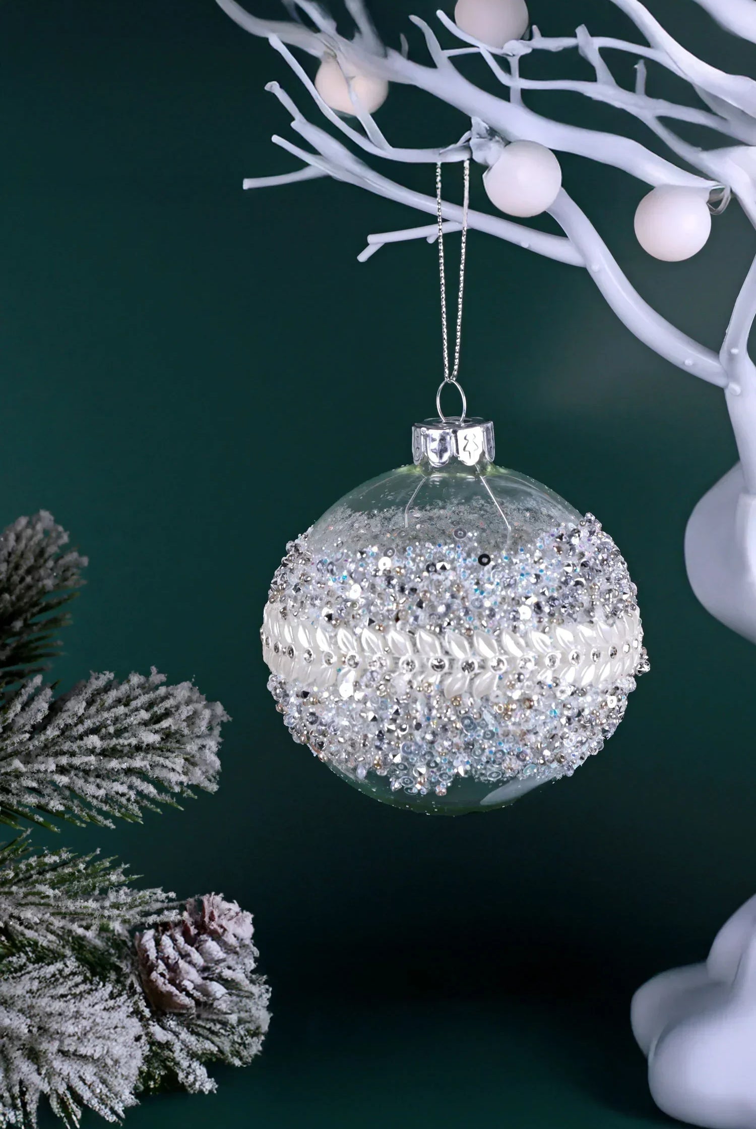 Luxury glass Christmas bauble with silver and white beads, on frosted pine, G Decor