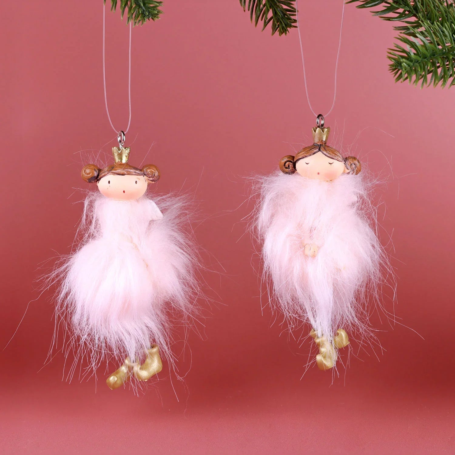 Set of 2 Pink Fluff Royal Princesses Hand-Painted Christmas Ornament & Hanging Tree Decoration