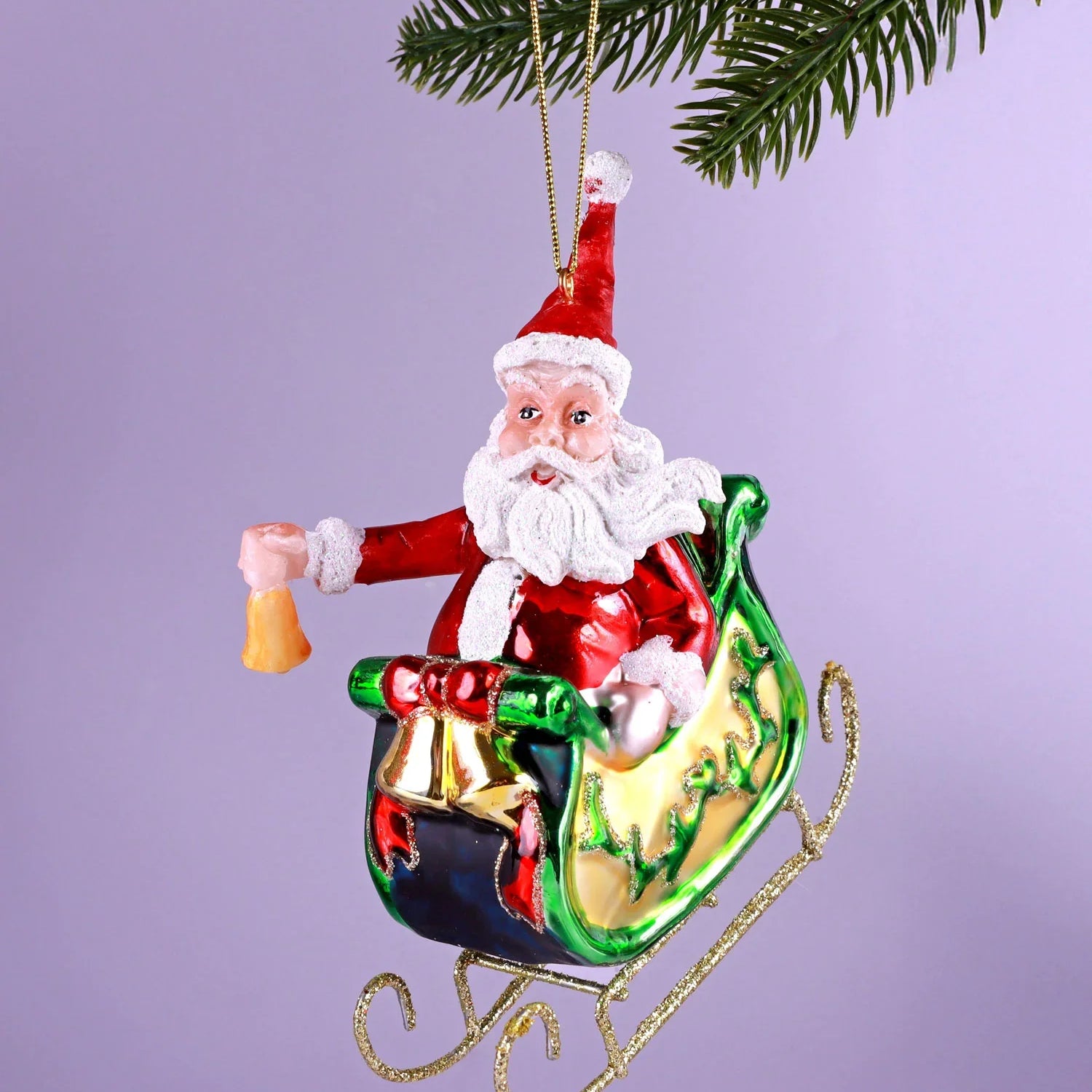 On the Way Santa in Sleigh Large Handcrafted Glass Festive Christmas Tree Ornament