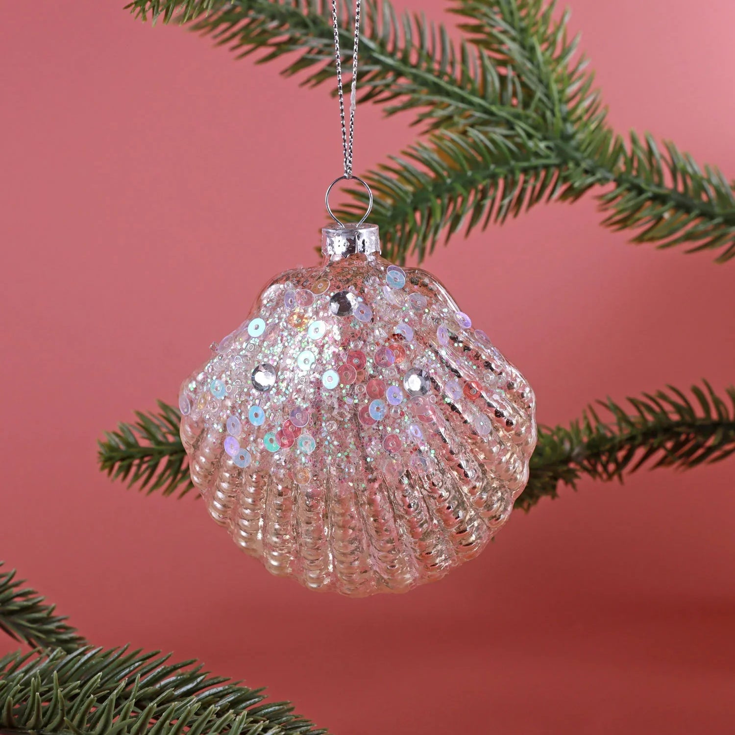Stunning Under the Sea Handcrafted Glass Shell Ornament Iridescent Sequin Christmas Tree Decoration