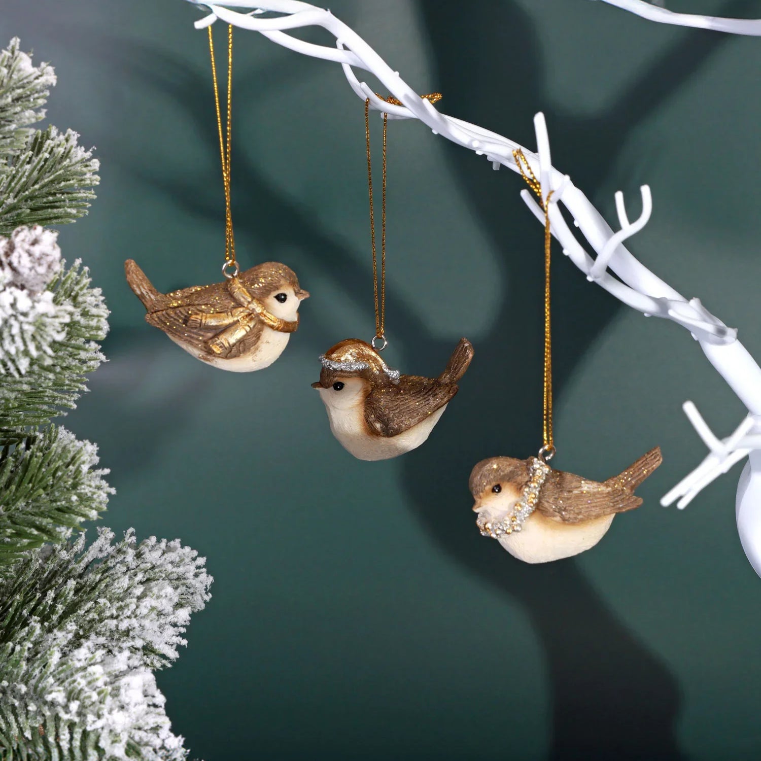 Set of 3 Cute Golden Songbird Trio Handcrafted Festive Bird Christmas Tree Hanging Decorations