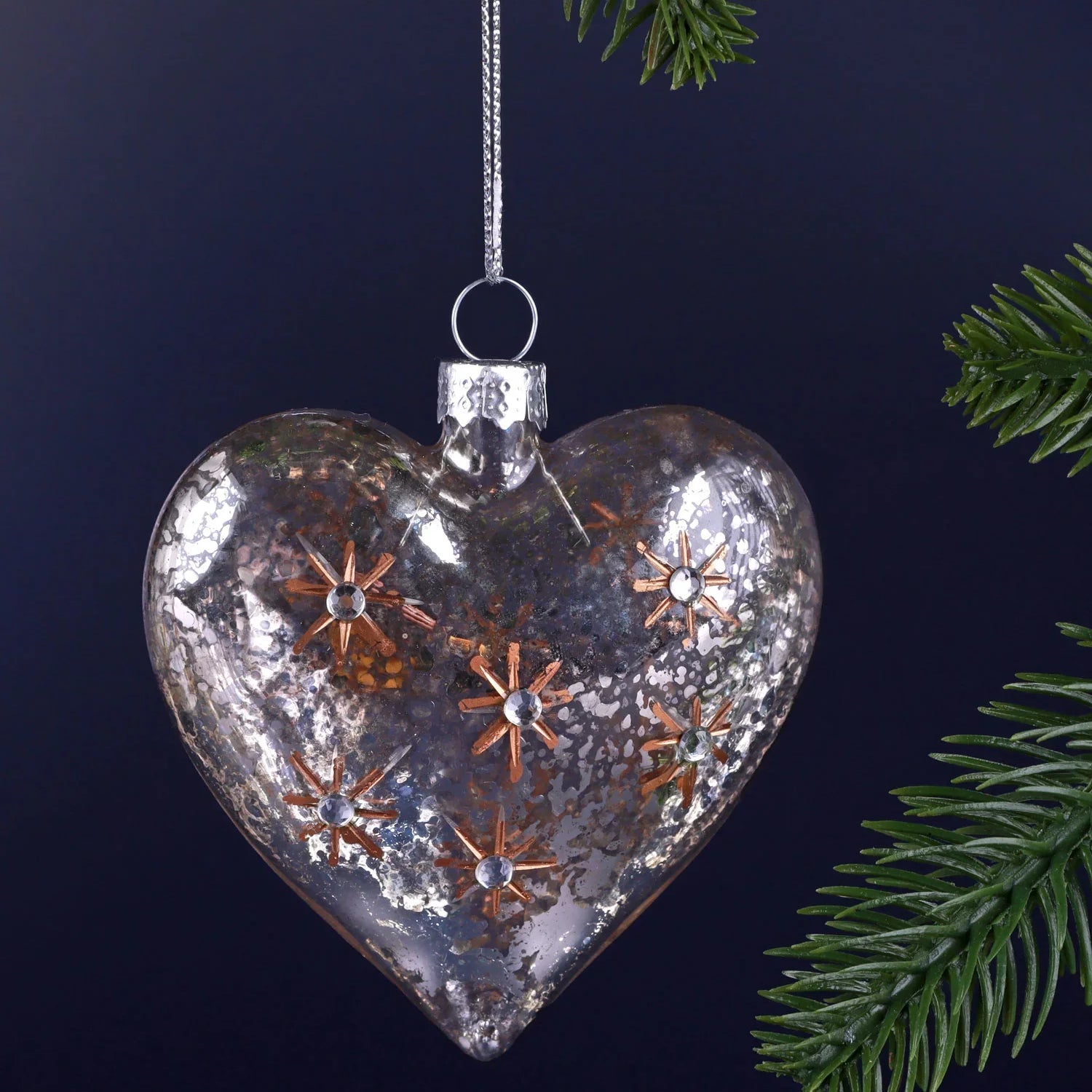 Starlit Heart Hand-Painted Mercury Glass Ornament Vintage Silver & Gold Christmas Tree Decoration