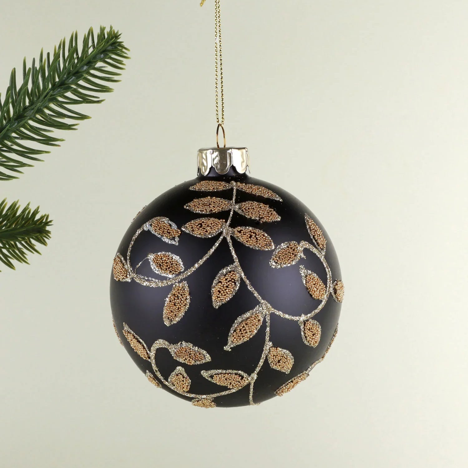 Black & Gold Leaf Luxury Glass Christmas Bauble Hand-Decorated Festive Ornament