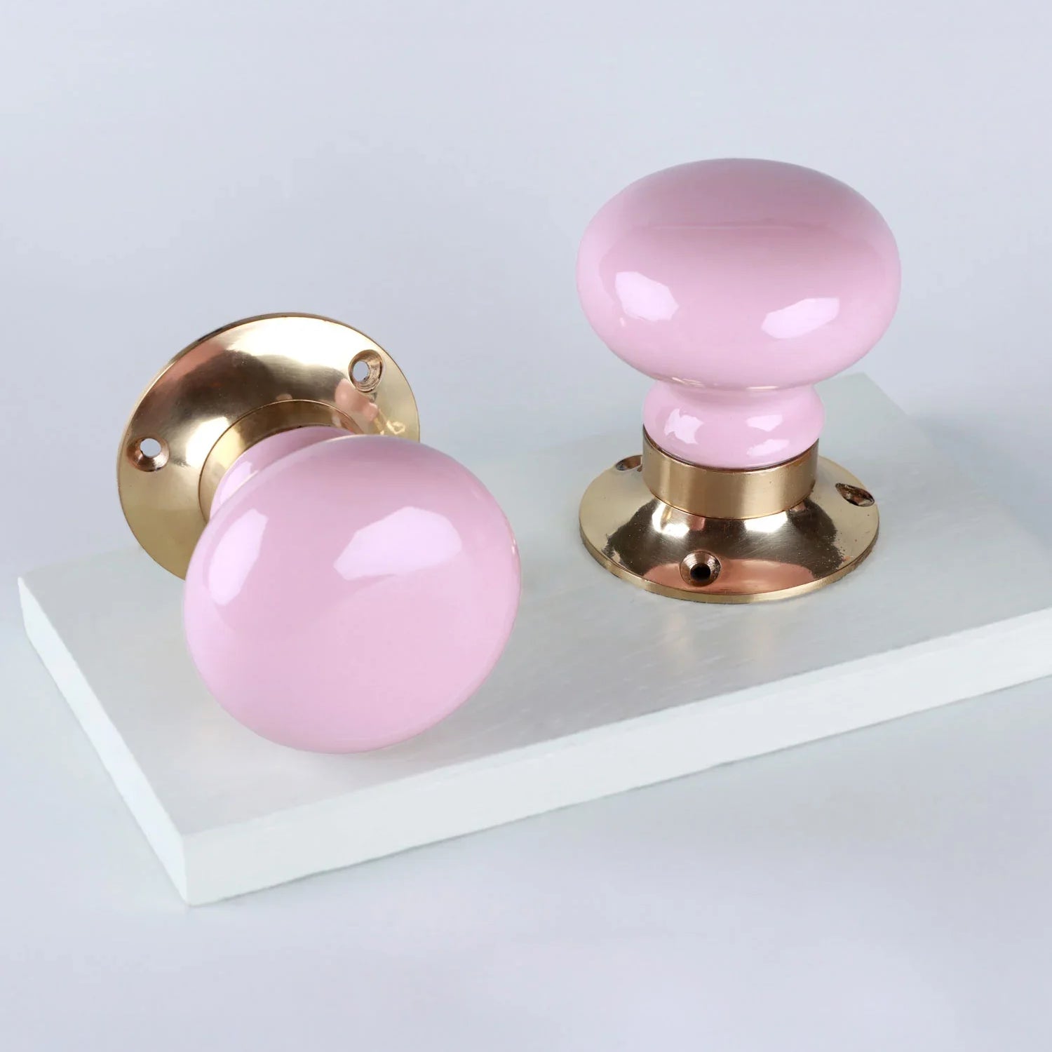 The Brassworks Edit Pink Set of Handcrafted Ceramic Porcelain Mortice Door Handles, Internal Turning Knobs for Bedroom & Room Doors with Solid Brass Finish