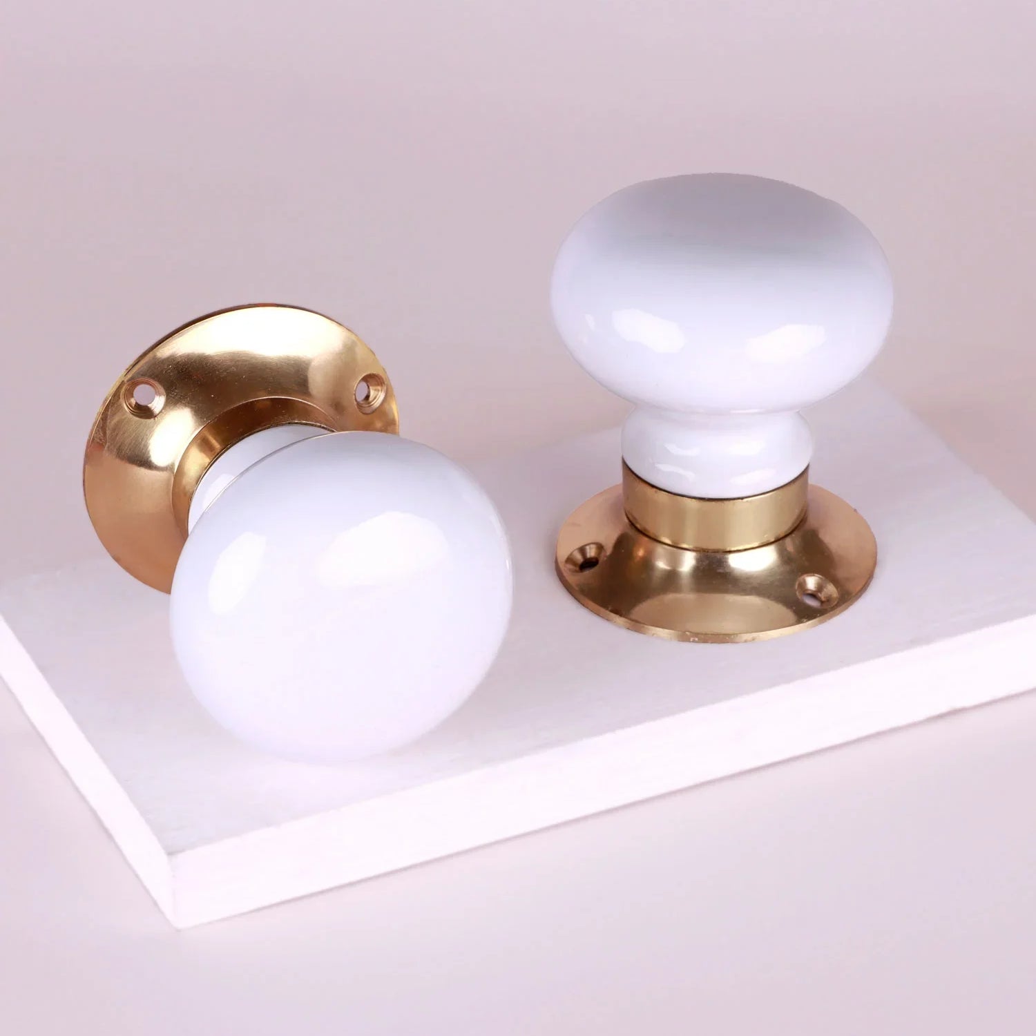 The Brassworks Edit Porcelain White Set of Handcrafted Ceramic Mortice Door Handles, Internal Turning Knobs for Bedroom & Room Doors with Solid Brass Finish
