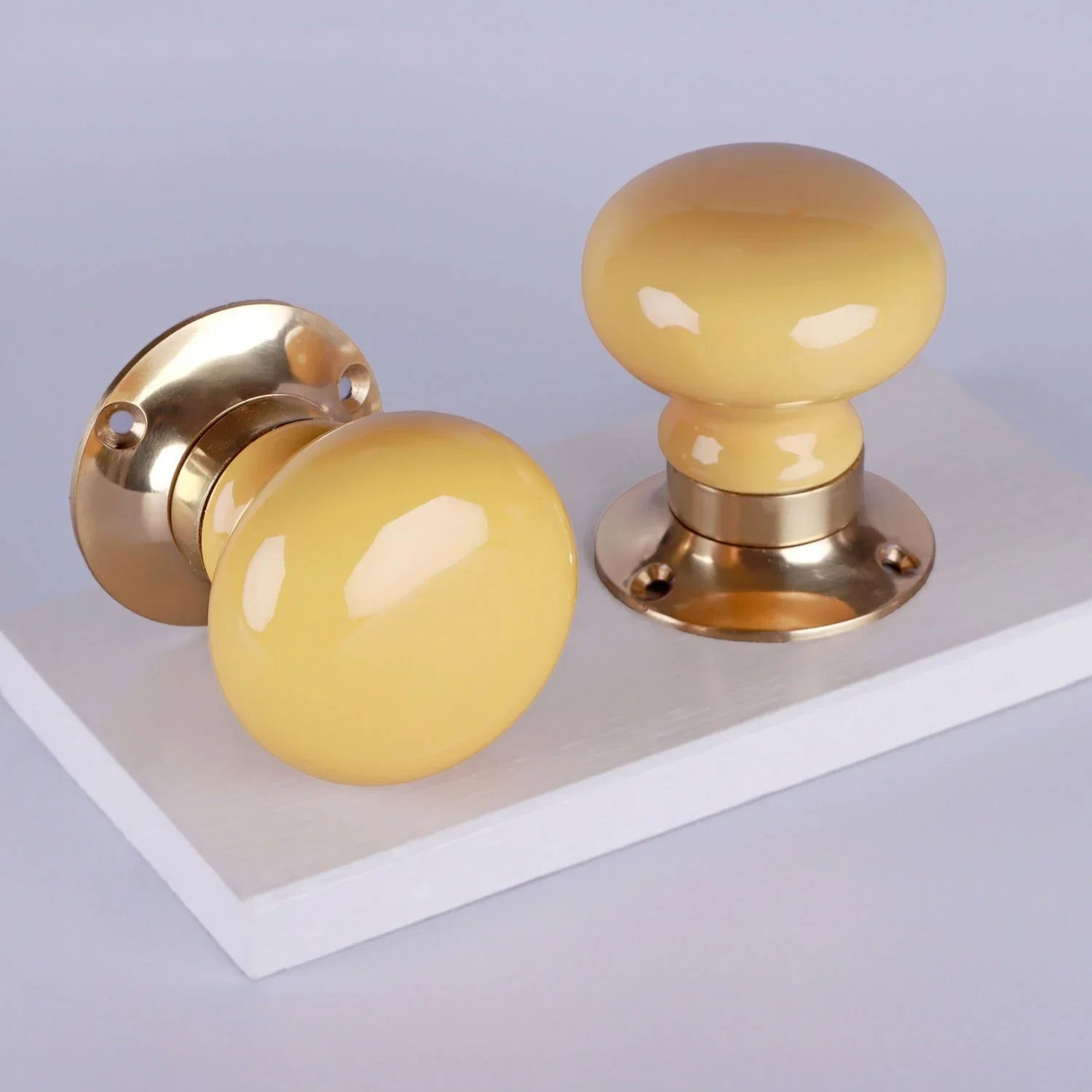 The Brassworks Edit Sand Yellow Set of Handcrafted Ceramic Mortice Door Handles, Internal Turning Knobs for Bedroom & Room Doors with Solid Brass Finish