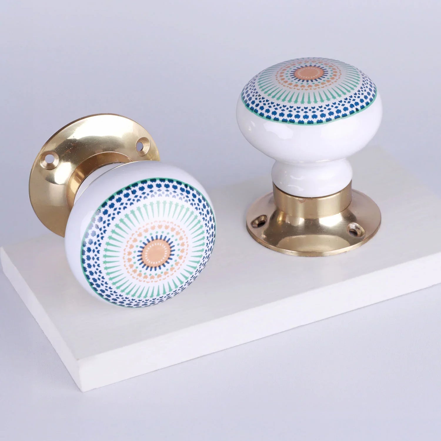 Positive Energy Aura Set of Handcrafted Ceramic Porcelain Mortice Door Handles, Internal Turning Knobs for Bedroom & Room Doors with Solid Brass Finish